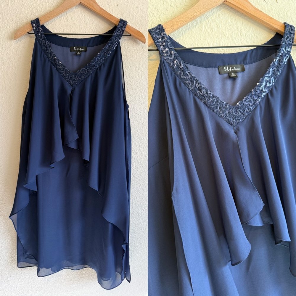 S.L. Fashions Midnight Navy Blue Layered Blouse Dress – Size 16 – NWT
